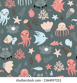 Seamless pattern with cute sea animals, fish and sea plants in vector on a dark background. Wrapping paper, textile, background fill for kids.