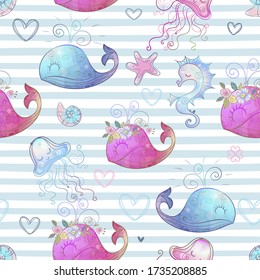 Seamless pattern with cute sea animals on striped background. Vector.