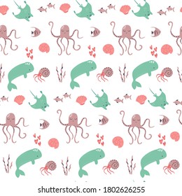 Seamless pattern with cute sea animals whale, octopus, skate, fishes. Vector illustration for your designs