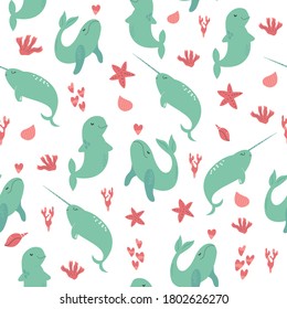 Seamless pattern with cute sea animals whales, narwhals and starfishes. Vector illustration for your designs