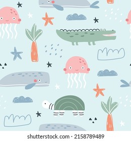 Seamless Pattern With Cute Sea Animals Whale Turtle And Jellyfish. Vector Illustration For Printing. Cute Baby Background.