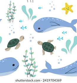 Seamless pattern with cute sea animals. 