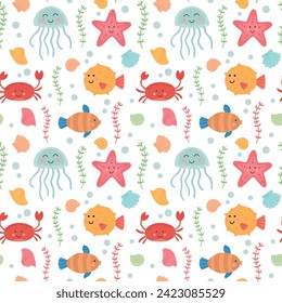 Seamless pattern with cute sea animals. Vector baby colorful background with ocean underwater characters.