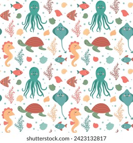 Seamless pattern with cute sea animals. Vector childish colorful background with ocean underwater characters and shells.