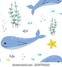 Seamless pattern with cute sea animals. 