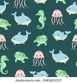 Seamless pattern of cute sea animals on emerald green background. Marine life animals. Template for baby shower, print, fabric, greeting cards and invitation. Vector illustration
