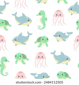 Seamless pattern of cute sea animals on white background. Marine life animals. Template for baby shower, print, fabric, greeting cards and invitation. Vector illustration