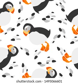 Seamless pattern with cute sea birds. Cartoon characters illustration. For textile, wallpaper, wrapping.