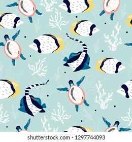 Seamless pattern with cute sea bottom inhabitans