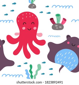 Seamless pattern with cute sea creatures - octopus, fish, numb-fish. Sea background. Vector Illustration. Great for wallpaper, baby clothes, greeting card, wrapping paper.