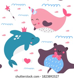 Seamless pattern with cute sea creatures - narwhal, dolphin, numb-fish. Sea background. Vector Illustration. Great for wallpaper, baby clothes, greeting card, wrapping paper.