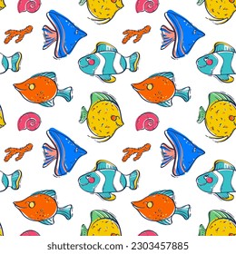 Seamless pattern with cute sea creatures. Colorful fish, shells and corals. Lovely inhabitants of the underwater world. Vector illustration in doodle style.