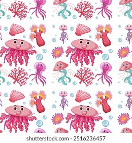 Seamless pattern with cute sea creatures and corals