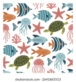 Seamless pattern with cute sea creatures: fish, jellyfish, sea turtle, starfish, and coral. Vector illustration on a white background. Ideal for kids' products.