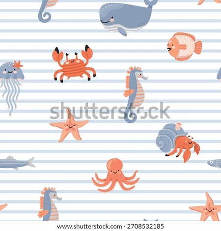 Seamless pattern with cute sea creatures on a blue striped background. Nautical-themed wallpaper for kids, textiles. Flat style vector.