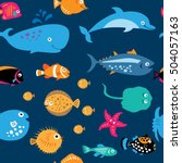 Seamless pattern with a cute sea exotic fish