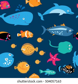 Seamless pattern with a cute sea exotic fish