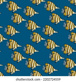 Patrón sin foco con peces preciosos de fondo azul oscuro. Imagen vectorial.