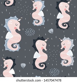 Seamless pattern with cute sea horse unicrorns. Creative childish background. Perfect for kids apparel,fabric, textile, nursery decoration,wrapping paper.Vector Illustration