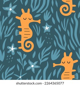 Seamless pattern with cute sea horse, sea stars and seaweed. Vector illustration for fabric, packaging, textile, wallpaper, apparel.