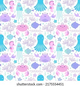 Seamless pattern with cute sea life animals. Vector background with octopus, crabs, seahorses and jellyfish.