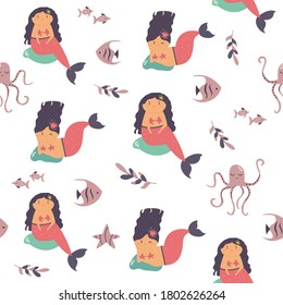 Seamless pattern with cute sea mermaids. Vector illustration for textile, fabric, kids apparel.