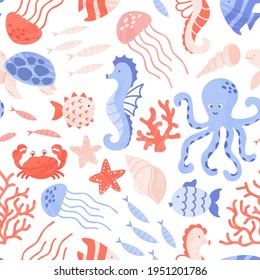 Seamless pattern with cute sea and ocean animals, corals and shells. Repeat design with sea creatures - octopus, seahorse, jellyfish, turtle. Vector cartoon illustration.