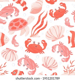 Seamless pattern with cute sea and ocean animals, corals and shells. Repeat design with sea creatures - crab, turtle and clownfish. Vector cartoon illustration.