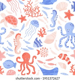 Seamless pattern with cute sea and ocean animals, corals and shells. Repeat design with sea creatures - octopus, seahorse, jellyfish, turtle and manta ray. Vector cartoon illustration