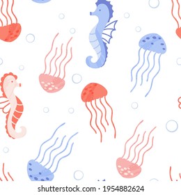 Seamless pattern with cute sea and ocean animals. Vector cartoon illustration with sea creatures - jellyfish and seahorse.