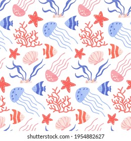 Seamless pattern with cute sea and ocean animals, corals and shells. Vector cartoon illustration with sea creatures.