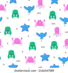 Seamless pattern with cute sea and ocean animals. Repeat design with sea creatures. Vector cartoon illustration on white.