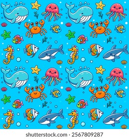 seamless pattern with cute sea and ocean animals for kids print. vector illustration