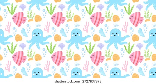Patrón sin fisuras con lindos pulpos de mar, peces y estrellas de mar, rodeado de coral y algas marinas. Diseño de Vector en pastel perfecto para textiles para bebés y Fondo de pantalla infantil