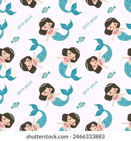 Seamless pattern cute sea princess mermaid Hand drawn vector illustration. Web design, textile, print, postcards, wallpaper, packaging
