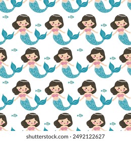 Nahtloses Muster niedliche Meer Prinzessin Meerjungfrau Hand gezeichnete Vektorillustration. Webdesign, Textil, Druck, Postkarten, Bildschirmhintergrund, Verpackungen

