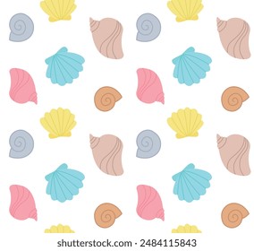 Seamless pattern with cute sea shells. Vector colorful background in flat style