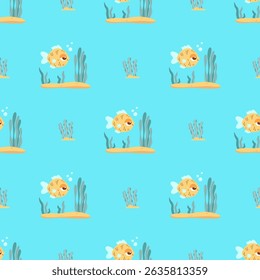 Padrão sem costura com peixes tropicais do mar bonito e algas vegetais no fundo azul claro. Ilustração de vetor. Coleção Kids