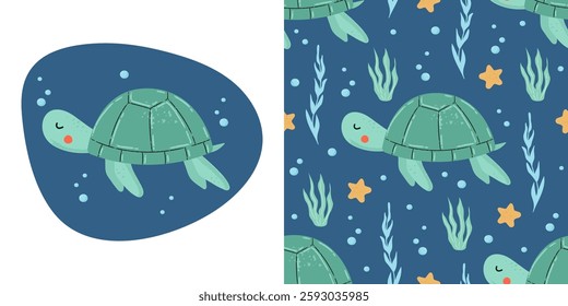 Seamless pattern with cute sea turtle