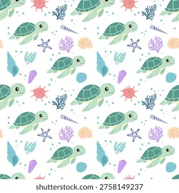 Seamless pattern with cute sea turtles, starfish, corals, and ocean elements in soft pastel palette. Playful and friendly underwater design perfect for kids products, nursery decor, textiles, and summer themed projects. Light and minimal flat style makes it versatile and modern.