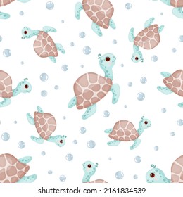 Seamless pattern with cute sea turtles.Cartoon vector graphics.