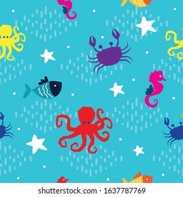 seamless pattern cute sea world animal with light blue background