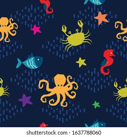 seamless pattern cute sea world animal with dark blue background