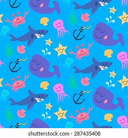 Seamless pattern of cute sea world characters, shark, jellyfish, crab, starfish and whale decorated with plants.  Fully editable vector illustration. Perfect for textile, background, wallpaper use. 