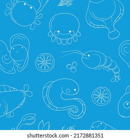 Seamless pattern with cute seafood or sea creatures on blue and transparent background inside.