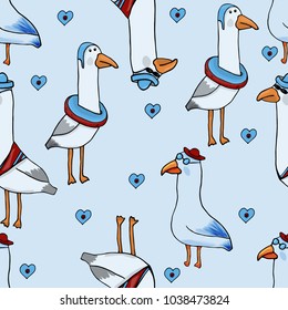 Seamless pattern. Cute Seagull in a flat style. Vector sea bird illustration.  For children. Notebooks, cards, labels, diaries, accessories-school, stickers, t-shirts, banners, tags 