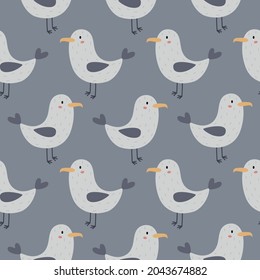 Seamless pattern with cute seagulls. Birds on a gray background. Vector illustration. Suitable for printing on fabric, wallpaper, wrapping paper.