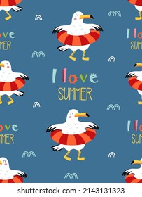 seamless pattern with cute seagulls and lifebuoy, perfect for fabric, baby clothes, textile, marine vector background