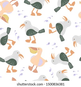 Seamless pattern with cute seagulls and pelicans. Cartoon characters illustration. For textile, wallpaper, wrapping.