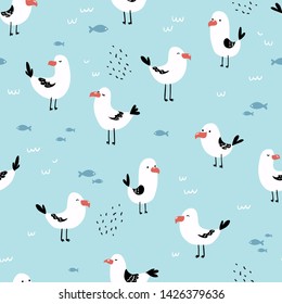 Seamless pattern with cute seagulls. Perfect for fabric, baby clothes, textile. Marine vector background.